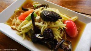 Thai food som tam poo papaya salad with black rice field crab